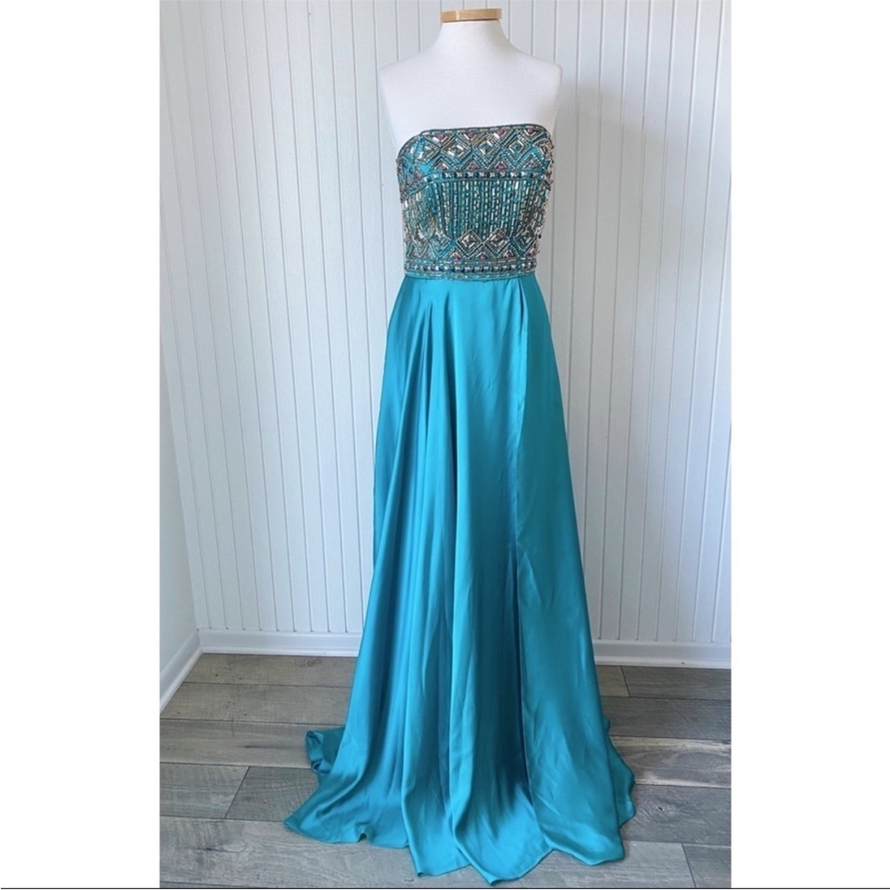 NWOT Mac Duggal Teal Beaded Strapless Long Gown Dress Formal Size 10